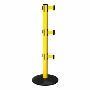 Free Standing Yellow SafetyPro 251 Triple Retractable Barrier Post with Yellow Tape, Retracting Barrier Post, Retractable Stanchion, Metal Retractable Barrier, Commercial Retractable, Safety Belt Barriers, Triple Belted Barrier Post