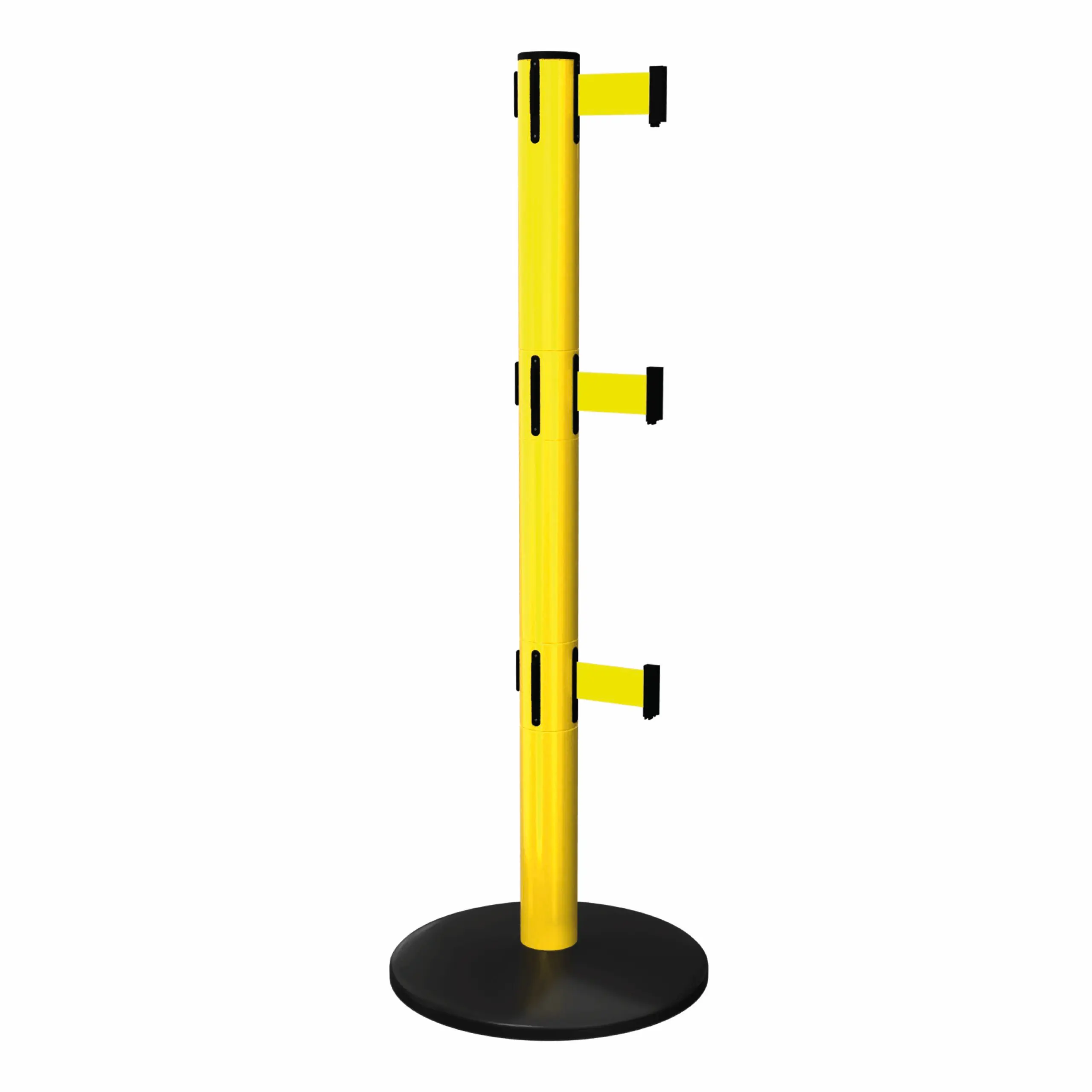 SafetyPro 251 Triple in Yellow Free Standing Yellow SafetyPro 251 Triple Retractable Barrier Post with Yellow Tape, Retracting Barrier Post, Retractable Stanchion, Metal Retractable Barrier, Commercial Retractable, Safety Belt Barriers, Triple Belted Barrier Post