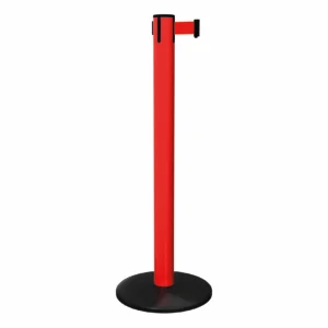 Free Standing Red SafetyPro 300 Retractable Barrier Post with Red Tape, Retracting Barrier Post, Retractable Stanchion, Metal Retractable Barrier, Commercial Retractable, Safety Belt Barriers, Belted Barrier Post