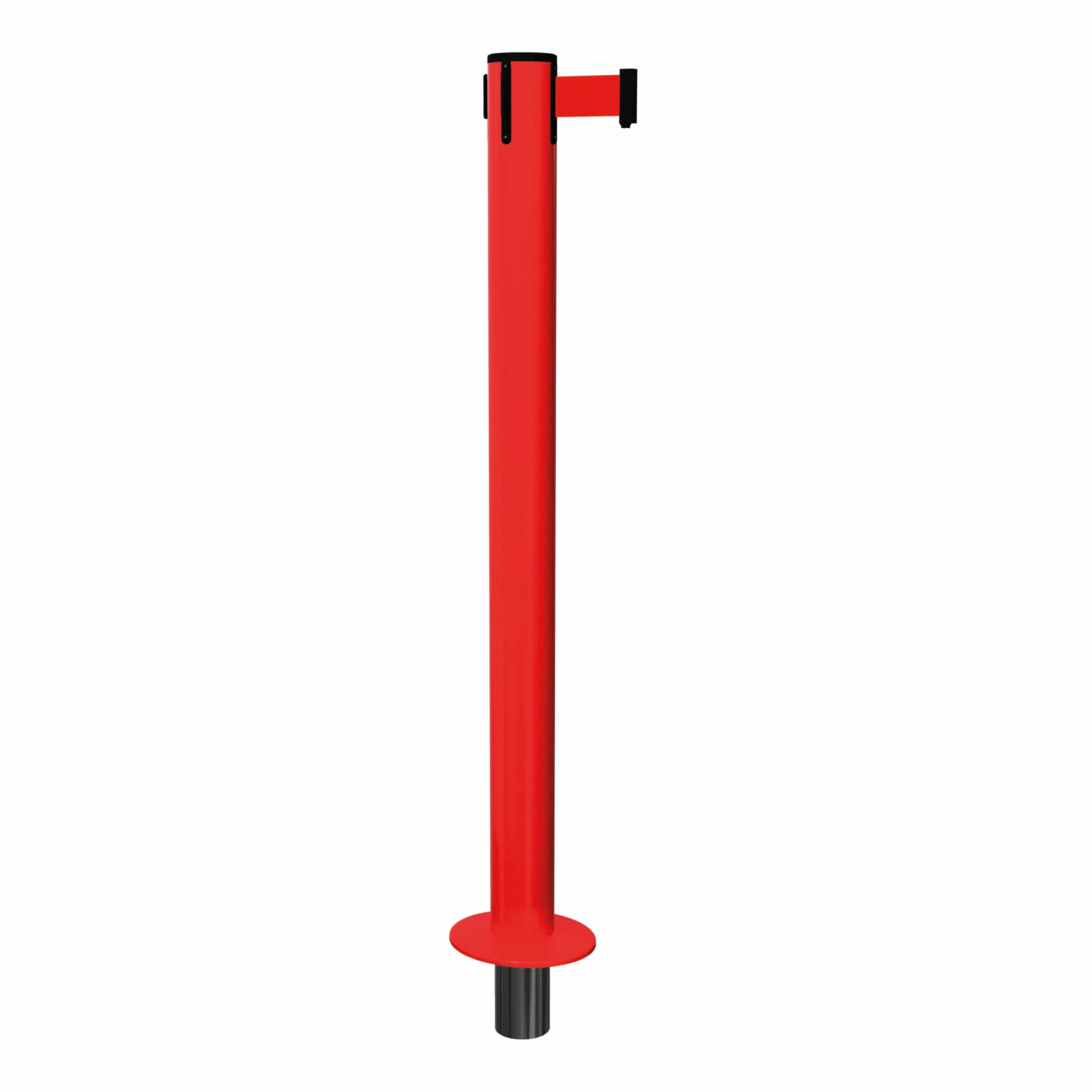 SafetyPro 300 Socket Mount in Red Socket Mount Red SafetyPro 300 Retractable Barrier Post with Red Tape, Retracting Barrier Post, Retractable Stanchion, Metal Retractable Barrier, Commercial Retractable, Safety Belt Barriers