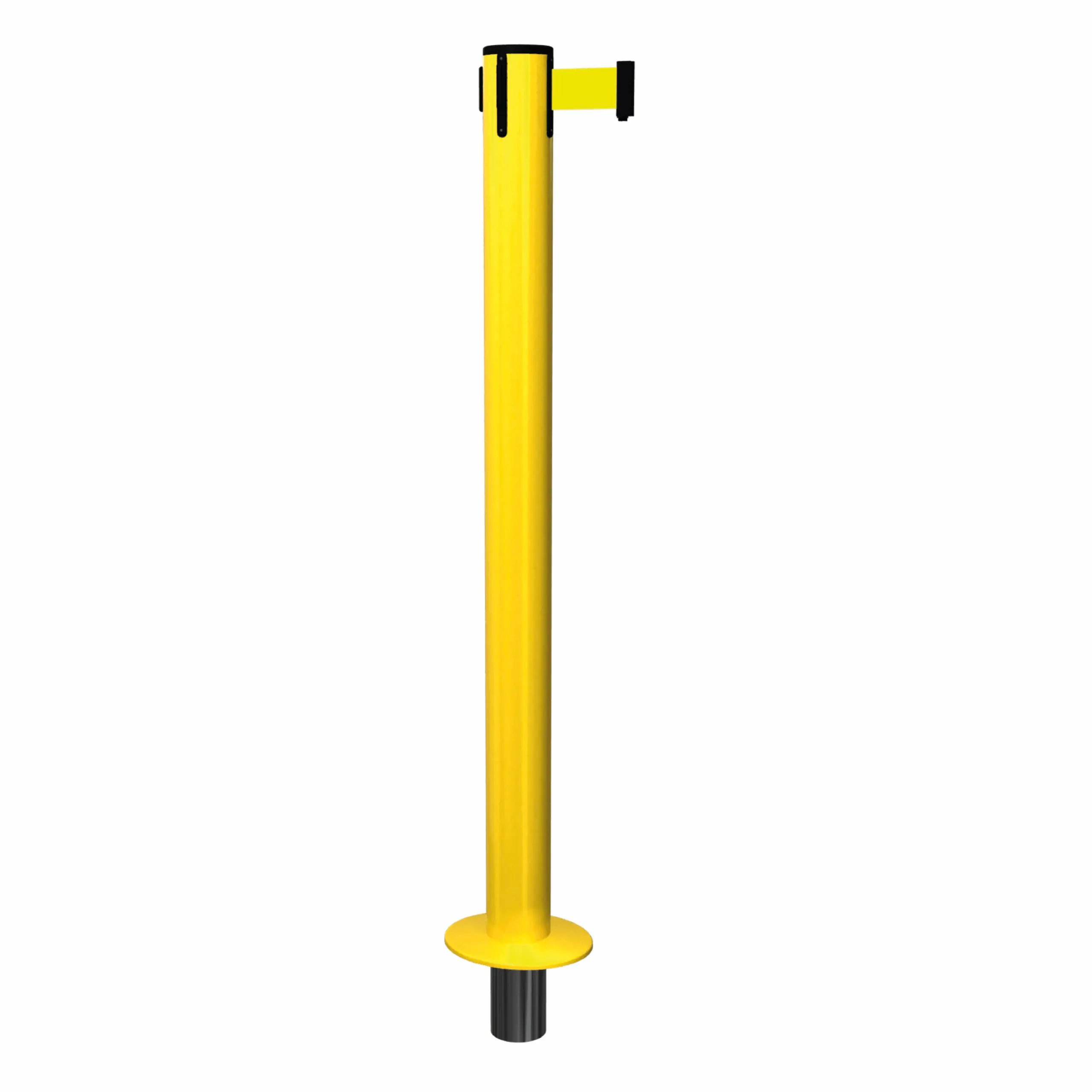 SafetyPro 300 Socket Mount in Yellow Socket Mount Yellow SafetyPro 300 Retractable Barrier Post with Yellow Tape, Retracting Barrier Post, Retractable Stanchion, Metal Retractable Barrier, Commercial Retractable, Safety Belt Barriers