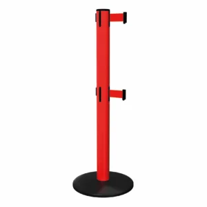 Free Standing Red SafetyPro 251 Twin Retractable Barrier Post with Red Tape, Retracting Barrier Post, Retractable Stanchion, Metal Retractable Barrier, Commercial Retractable, Safety Belt Barriers, Double Belted Barrier Post
