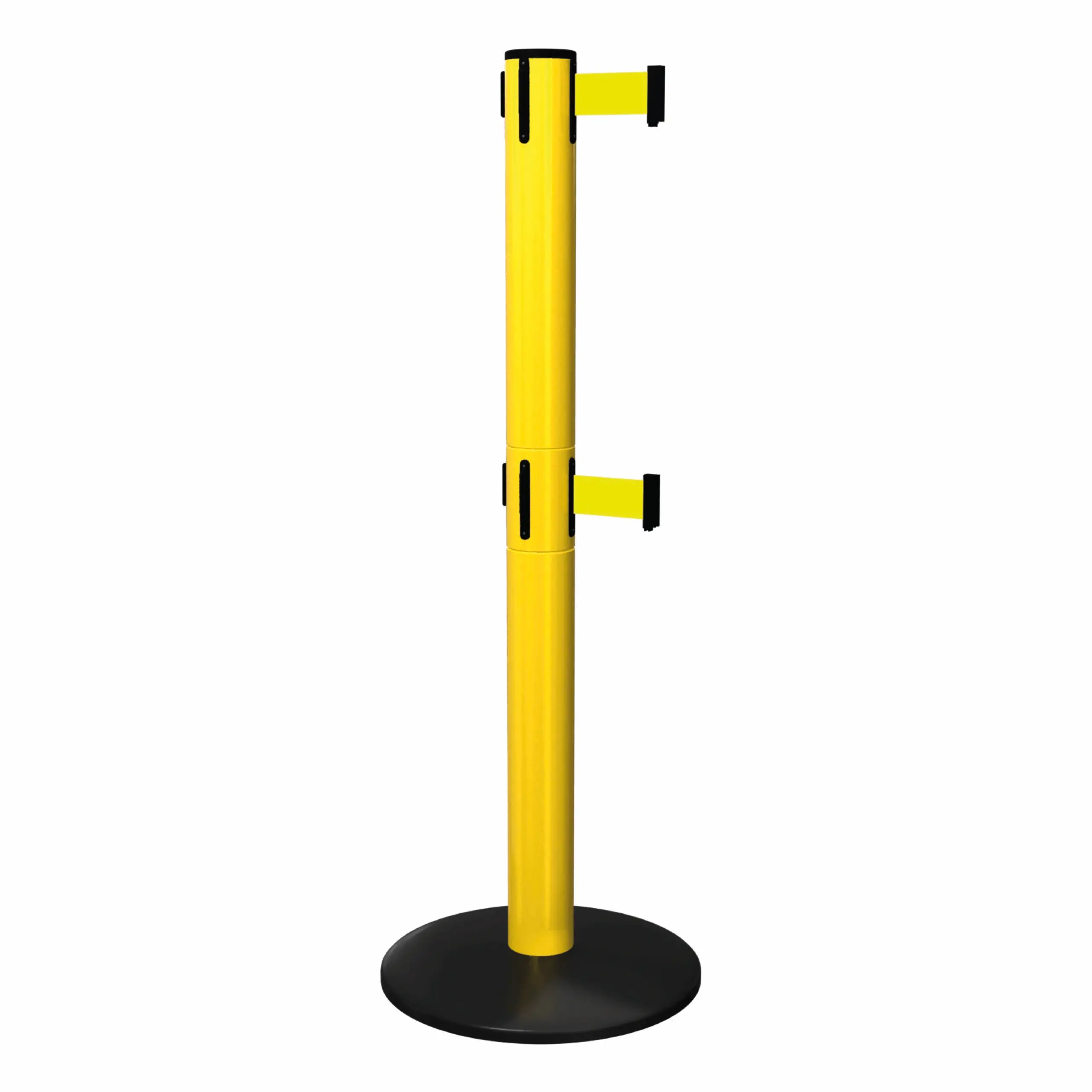 SafetyPro 300 Twin in Yellow Free Standing Yellow SafetyPro 251 Twin Retractable Barrier Post with Yellow Tape, Retracting Barrier Post, Retractable Stanchion, Metal Retractable Barrier, Commercial Retractable, Safety Belt Barriers, Double Belted Barrier Post
