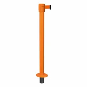 Orange SafetyPro 335 Socket Mount Retractable Barrier Post with Orange Tape, Retracting Barrier Post, Retractable Stanchion, Metal Retractable Barrier, Commercial Retractable, Safety Belt Barriers