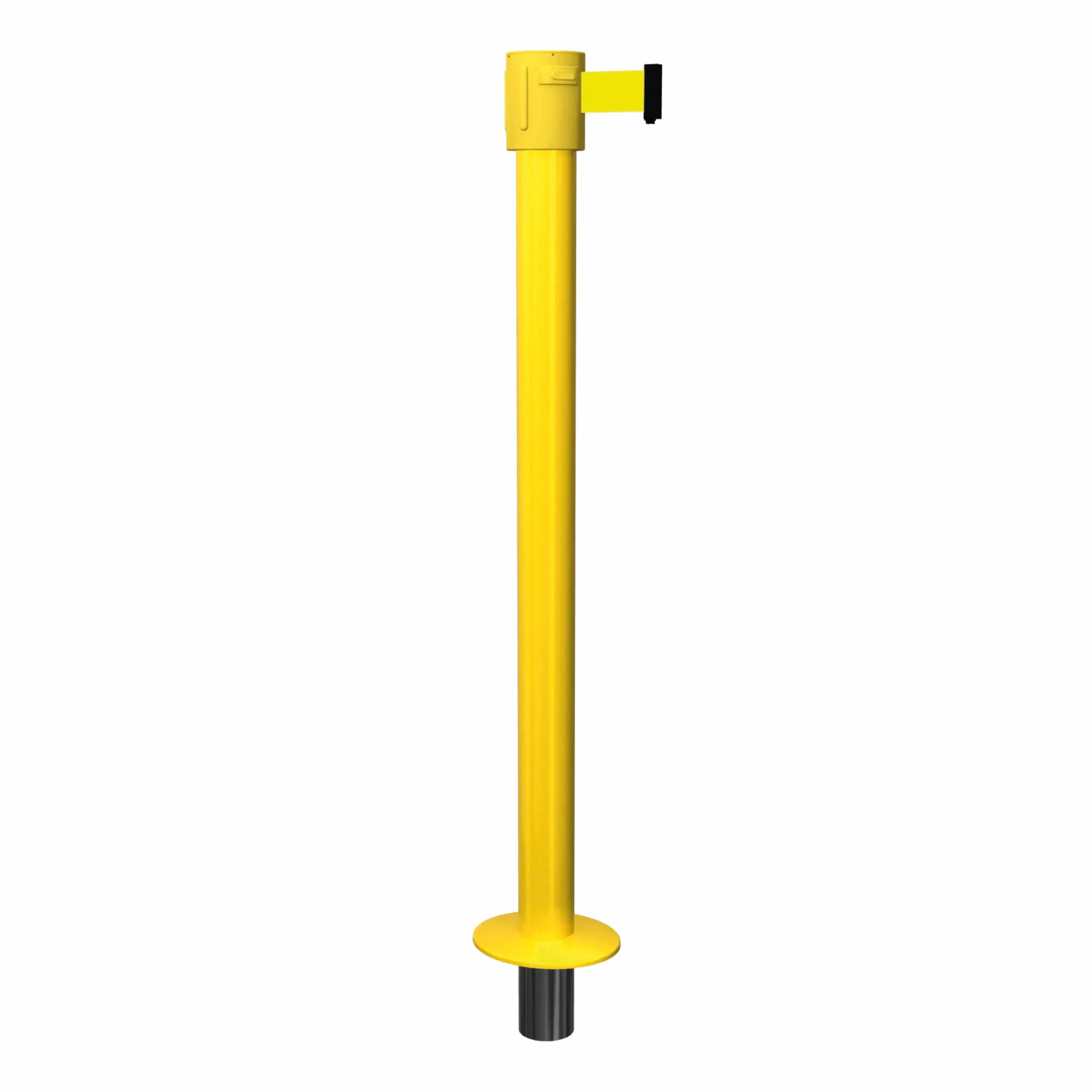 SafetyPro 335 Socket Mount in Yellow Yellow SafetyPro 335 Socket Mount Retractable Barrier Post with Yellow Tape, Retracting Barrier Post, Retractable Stanchion, Metal Retractable Barrier, Commercial Retractable, Safety Belt Barriers