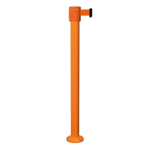 Orange SafetyPro 335 Surface Mount Retractable Barrier Post with Orange Tape, Retracting Barrier Post, Retractable Stanchion, Metal Retractable Barrier, Commercial Retractable, Safety Belt Barriers