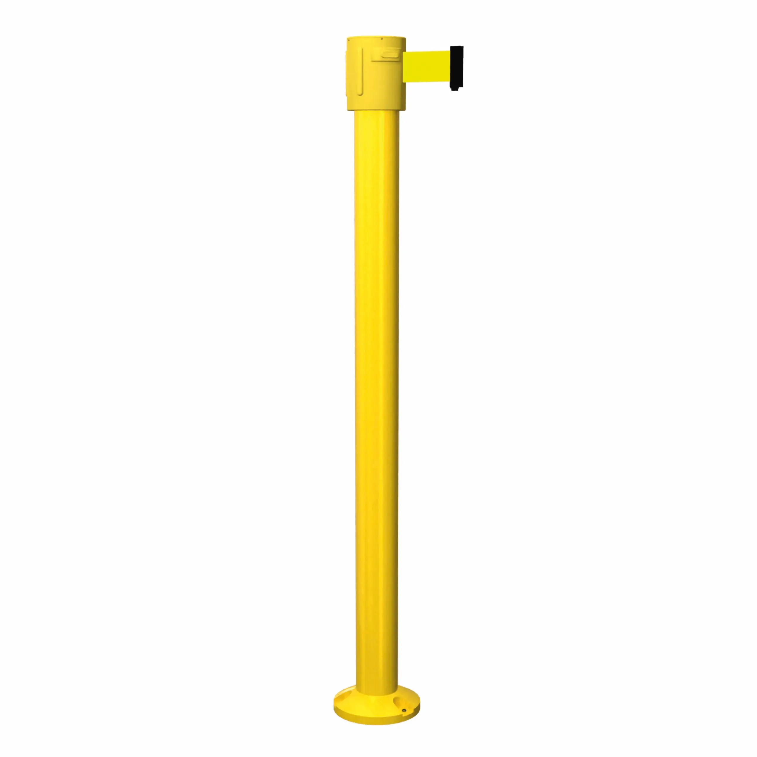 SafetyPro 335 Surface Mount in Yellow Yellow SafetyPro 335 Surface Mount Retractable Barrier Post with Yellow Tape, Retracting Barrier Post, Retractable Stanchion, Metal Retractable Barrier, Commercial Retractable, Safety Belt Barriers