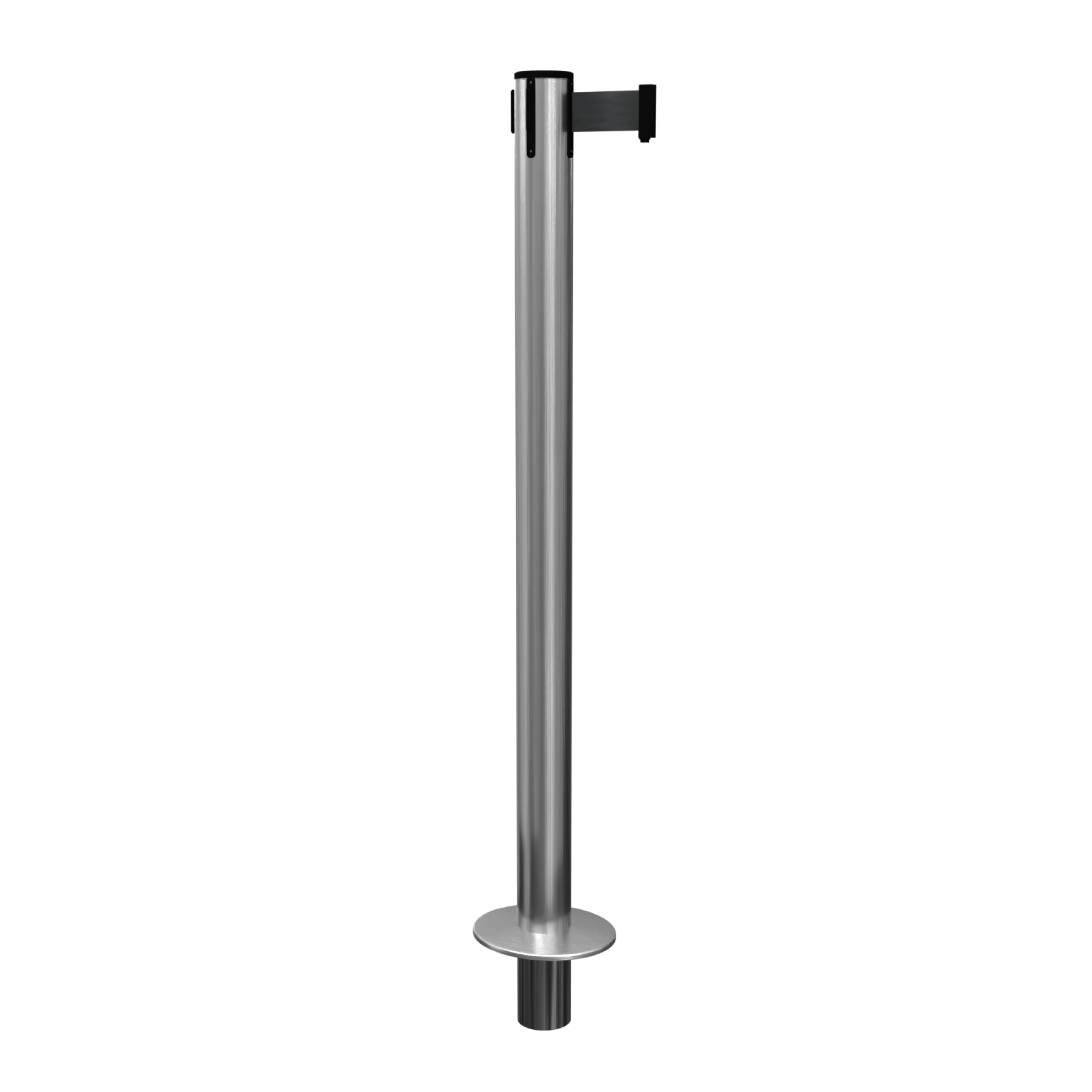 Satin Stainless Steel QueuePro 251 Retractable Barrier Post with Socket Mount Base and Black Tape Satin Stainless Steel QueuePro 251 Retractable Barrier Post with Socket Mount, Base and Black Tape, Retracting Barrier Post, Retractable Stanchion, Metal Retractable Barrier, Commercial Retractable