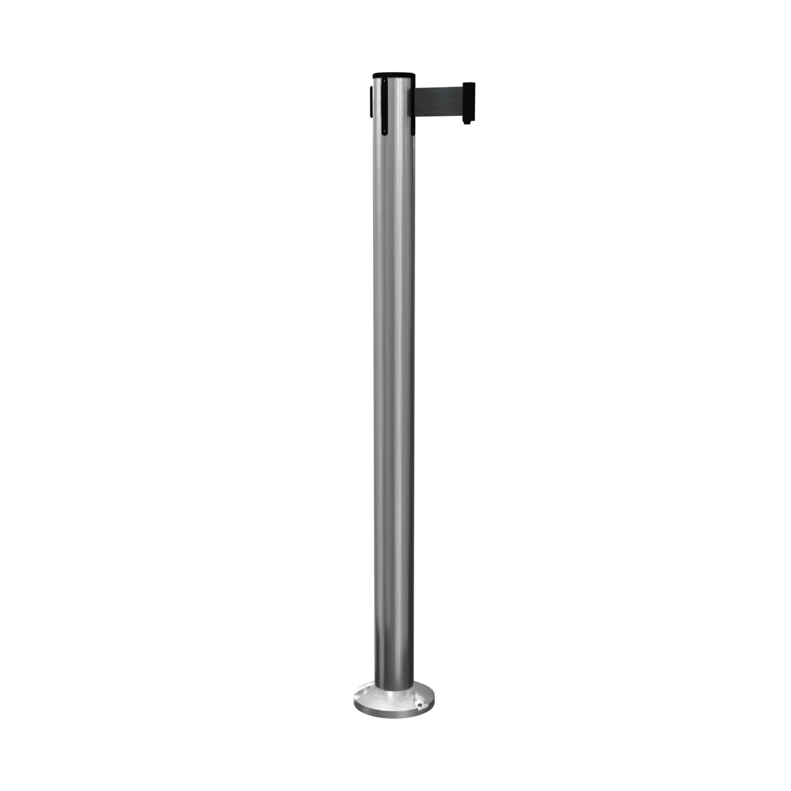 Satin Stainless Steel QueuePro 251 Retractable Barrier Post with Surface Mount Base and Black Tape QueuePro 251 Surface Mount Retractable Barrier Post, Retracting Barrier Post, Retractable Stanchion, Metal Retractable Barrier, Commercial Retractable