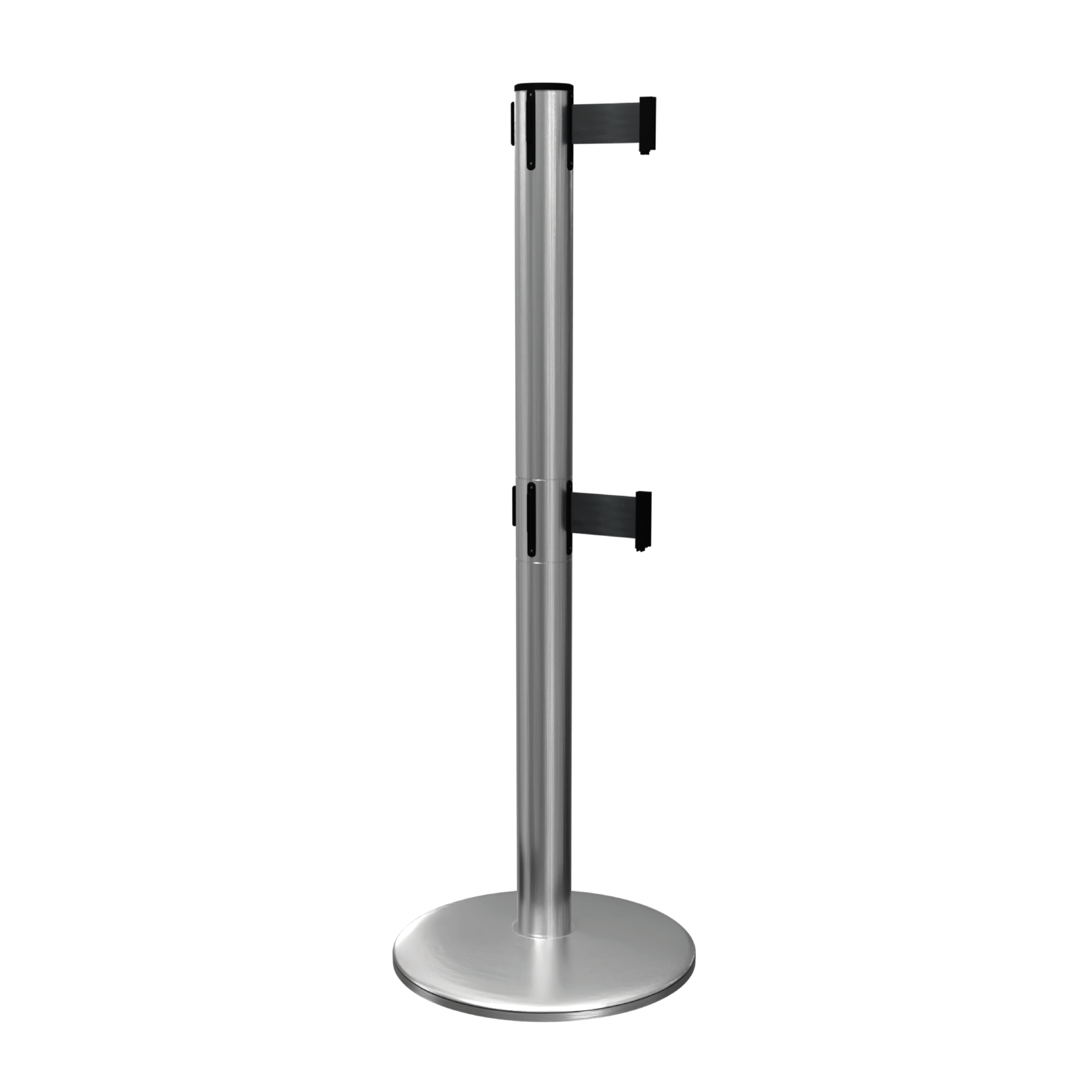 Satin Stainless Steel QueuePro 251 Twin Retractable Barrier Post with Black Tape Satin Stainless Steel QueuePro 251 Twin Retractable Barrier Post with Black Tape, Retracting Barrier Post, Retractable Stanchion, Metal Retractable Barrier, Commercial Retractable