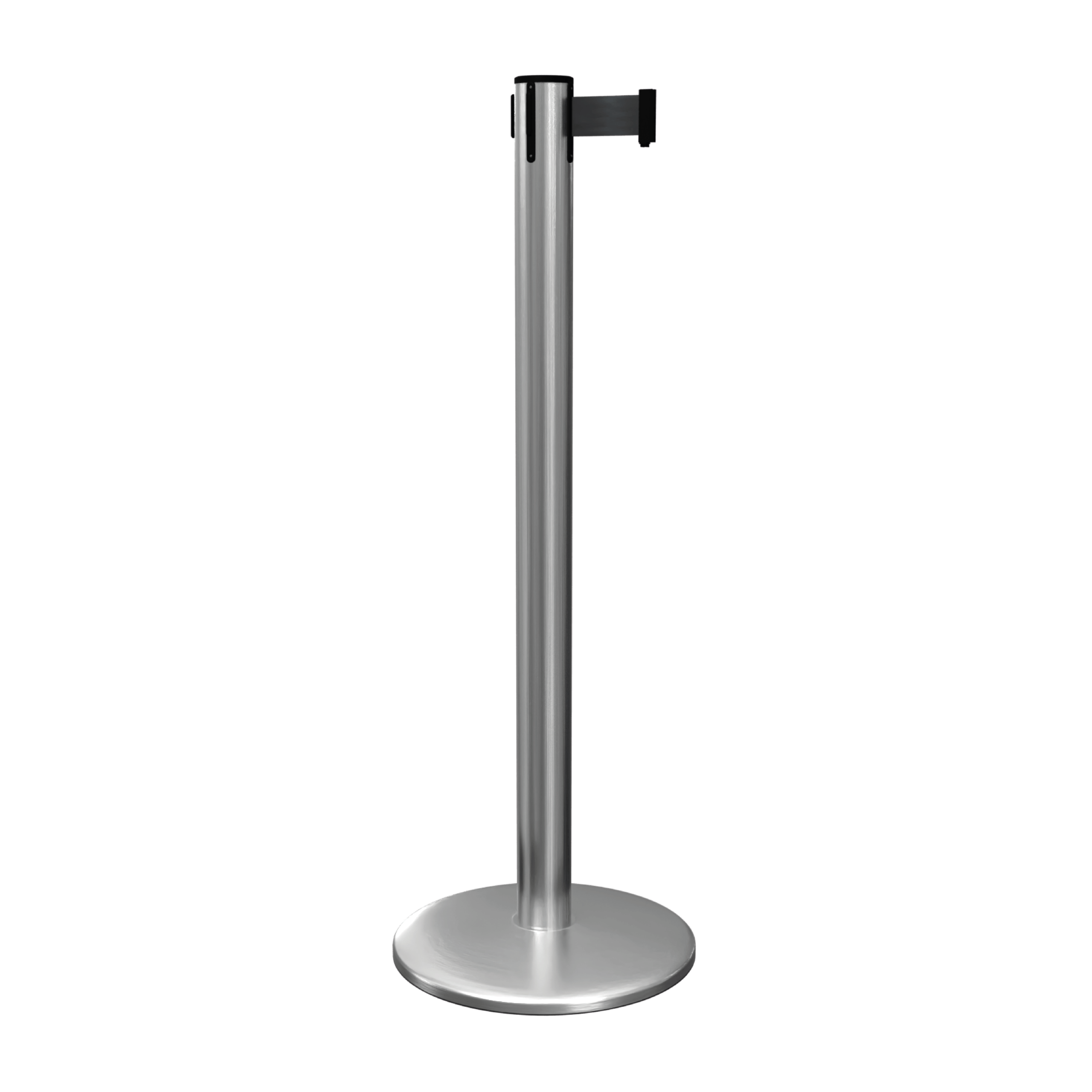 Satin SS QueuePro 251 Retractable Barrier Post with Black Tape Satin Stainless Steel QueuePro 251 Retractable Barrier Post with Black Tape, Retracting Barrier Post, Retractable Stanchion, Metal Retractable Barrier, Commercial Retractable