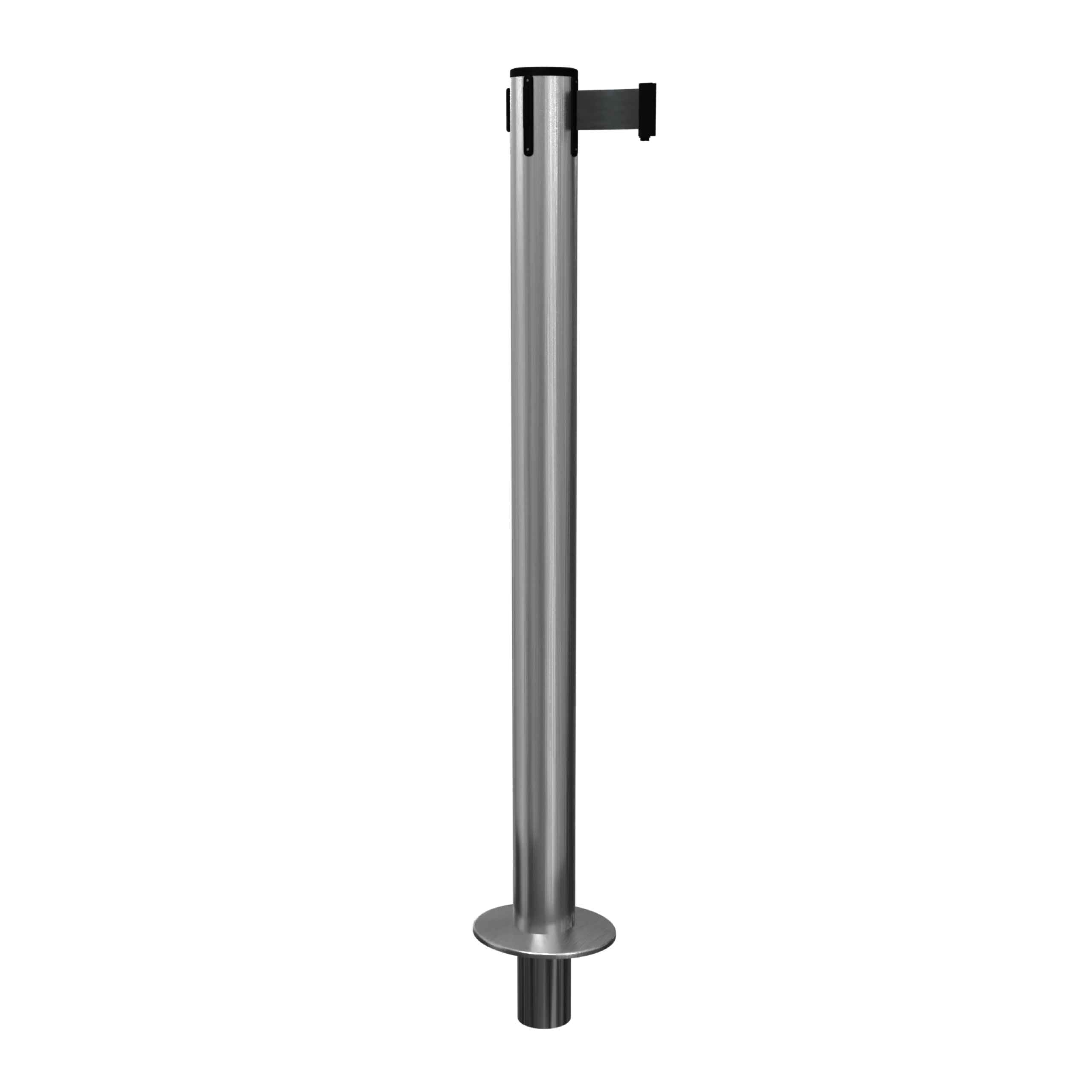 Satin Stainless Steel QueuePro 300 Retractable Barrier Post with Socket Mount Base and Black Tape Satin Stainless Steel QueuePro 300 Retractable Barrier Post with Socket Mount Base and Black Tape, Retracting Barrier Post, Retractable Stanchion, Metal Retractable Barrier, Commercial Retractable