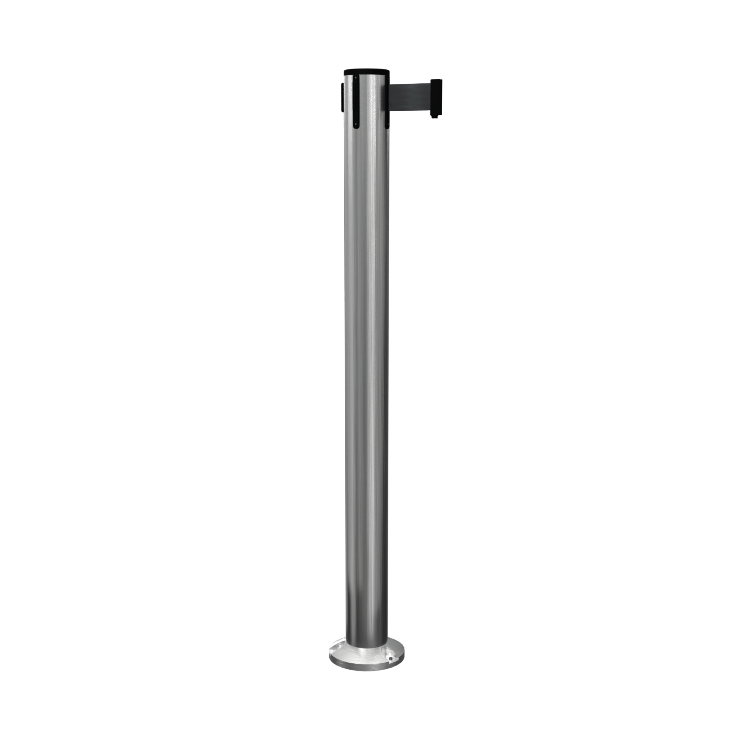 Satin Stainless Steel QueuePro 300 Retractable Barrier Post with Surface Mount Base and Black Tape Satin Stainless Steel QueuePro 300 Retractable Barrier Post with Surface Mount Base and Black Tape, Retracting Barrier Post, Retractable Stanchion, Metal Retractable Barrier, Commercial Retractable