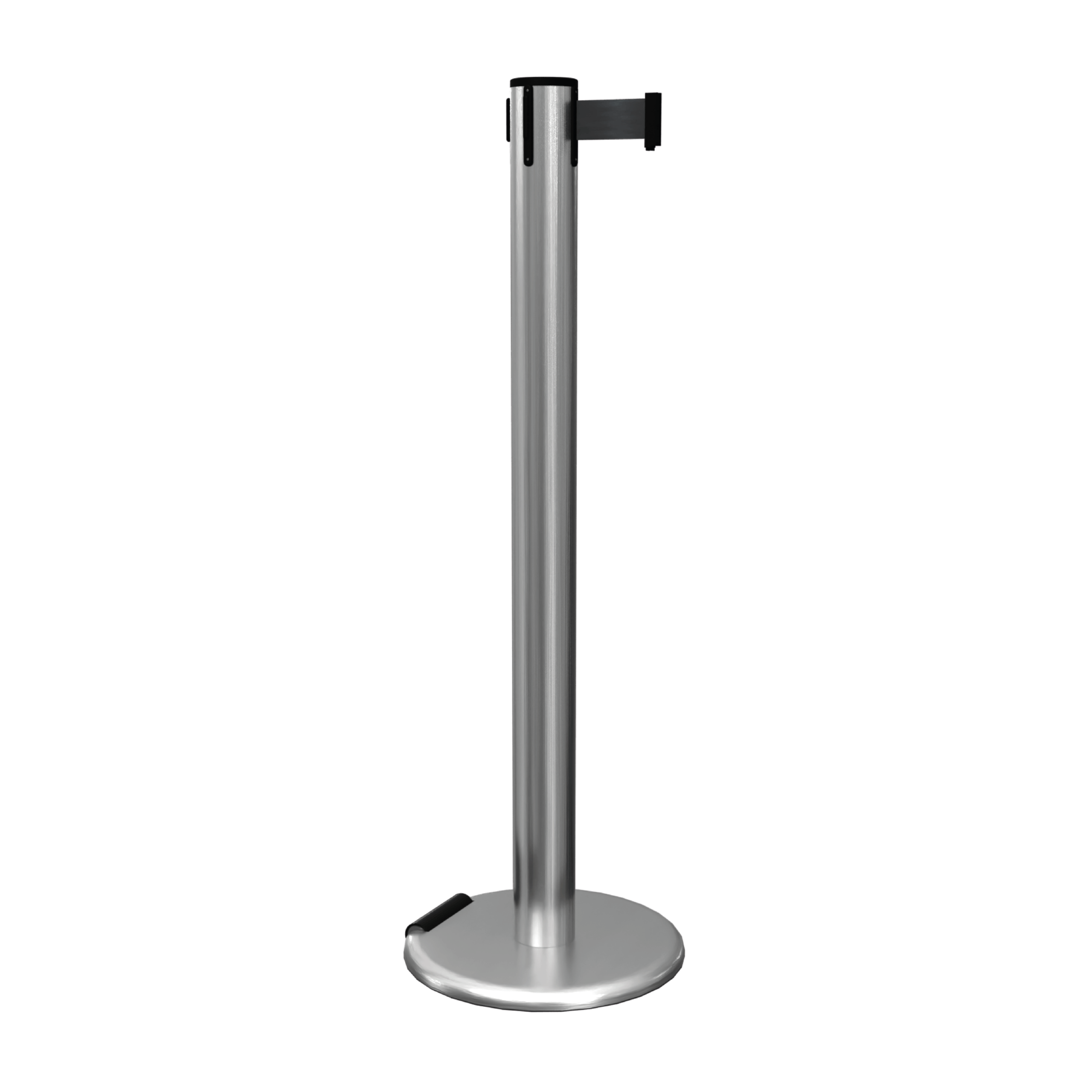 Satin Stainless Steel RollerPro 300 Retractable Barrier Post with Black Tape and Roller Base Satin Stainless Steel RollerPro 300 Retractable Barrier Post with Black Tape and Roller Base, Retracting Barrier Post, Retractable Stanchion, Metal Retractable Barrier, Commercial Retractable