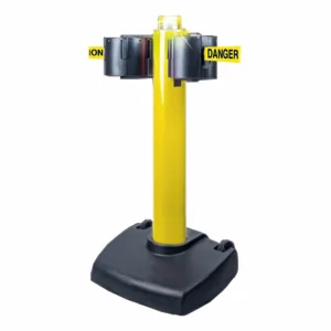 Free Standing Yellow SkyPro Retractable Barrier Post with Yellow Danger Keep Out Tape, Retracting Barrier Post, Retractable Stanchion, Metal Retractable Barrier, Commercial Retractable, Safety Belt Barriers