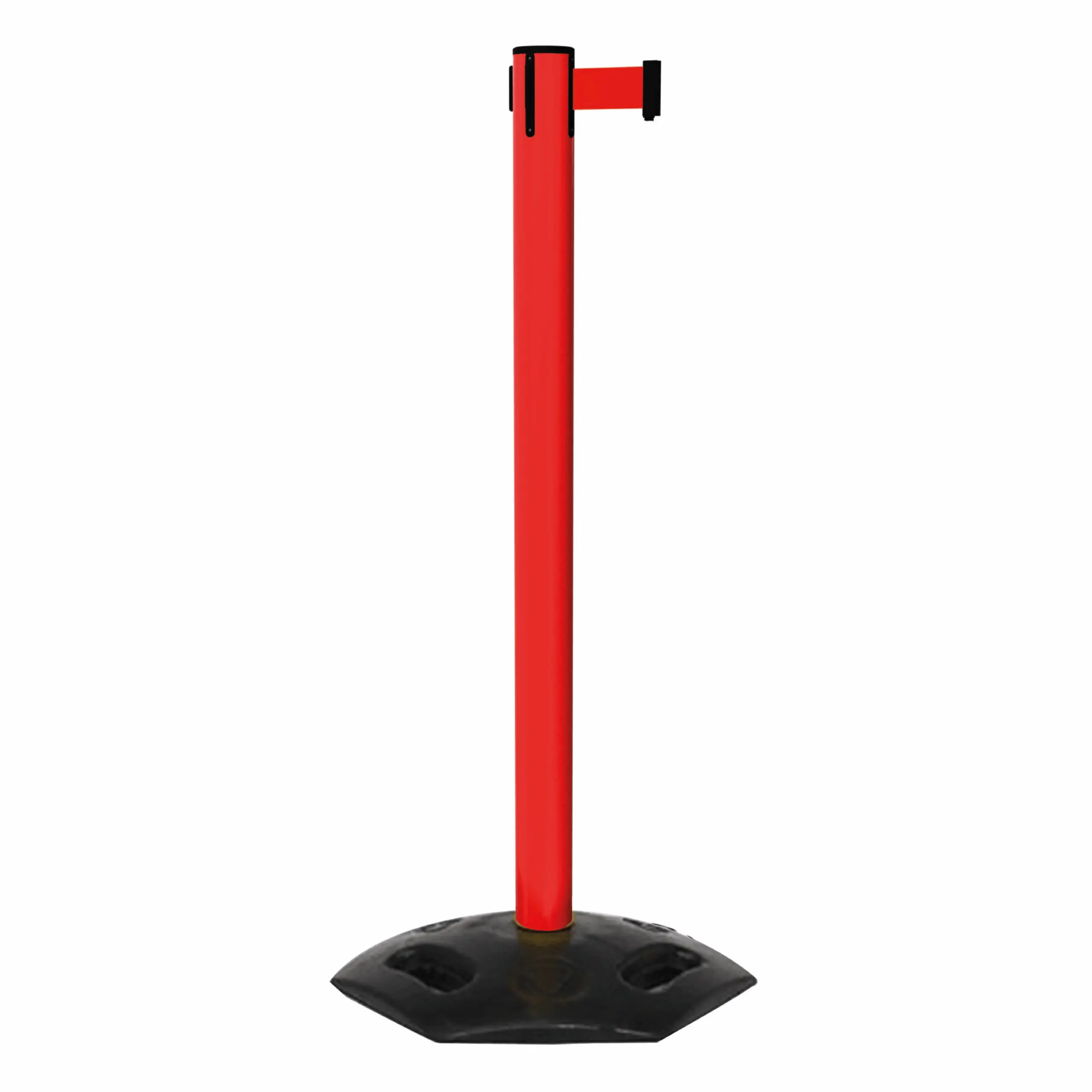 WeatherMaster 251 in Red Free Standing Red WeatherMaster 251 Retractable Barrier Post with Red Tape, Retracting Barrier Post, Retractable Stanchion, Metal Retractable Barrier, Commercial Retractable, Safety Belt Barriers