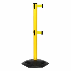 Free Standing Yellow WeatherMaster 251 Twin Retractable Barrier Post with Yellow Tape, Retracting Barrier Post, Retractable Stanchion, Metal Retractable Barrier, Commercial Retractable, Safety Belt Barriers