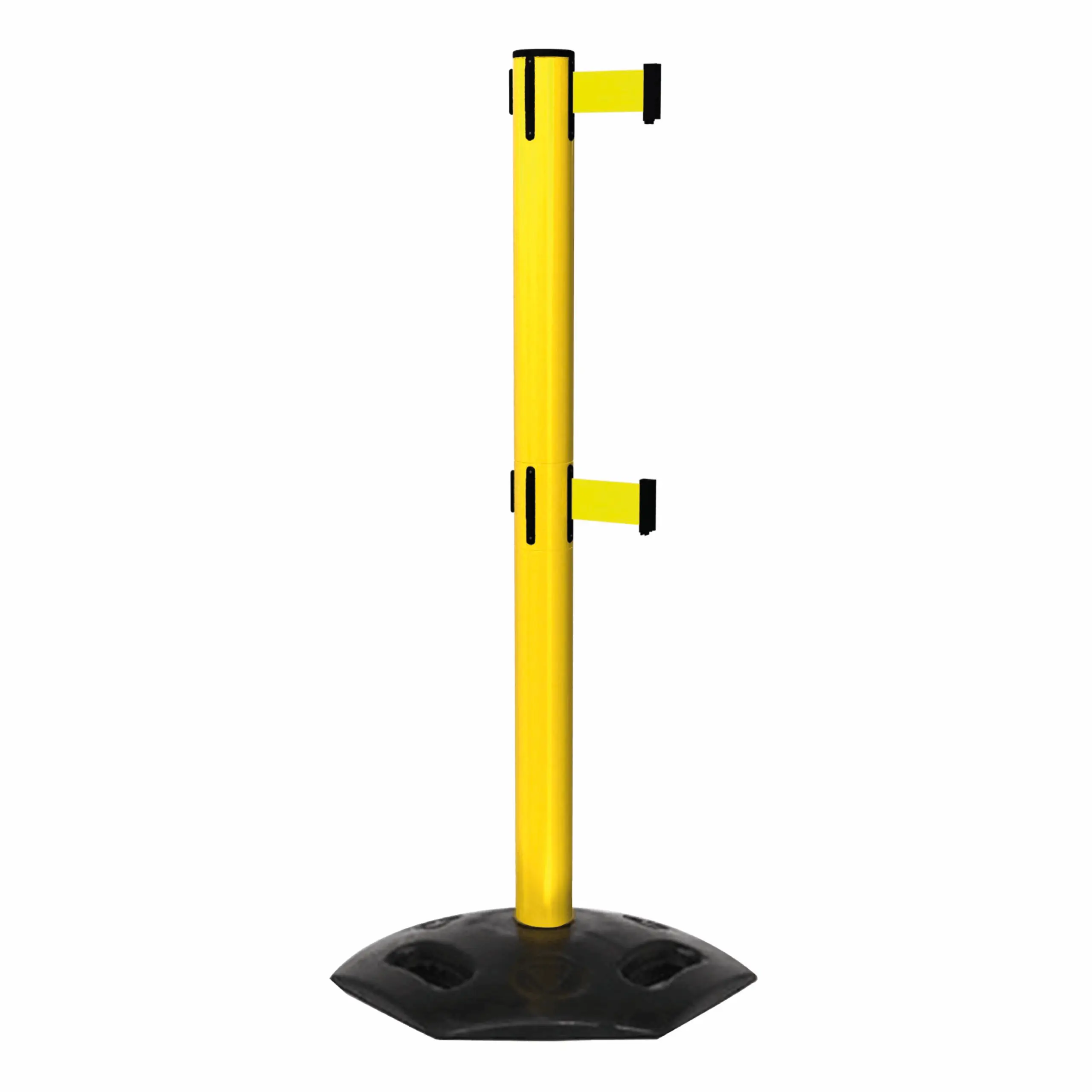 WeatherMaster 251 Twin in Yellow Free Standing Yellow WeatherMaster 251 Twin Retractable Barrier Post with Yellow Tape, Retracting Barrier Post, Retractable Stanchion, Metal Retractable Barrier, Commercial Retractable, Safety Belt Barriers