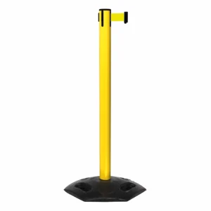 Free Standing Yellow WeatherMaster 251 Retractable Barrier Post with Yellow Tape, Retracting Barrier Post, Retractable Stanchion, Metal Retractable Barrier, Commercial Retractable, Safety Belt Barriers