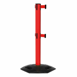Free Standing Red WeatherMaster 300 Twin Retractable Barrier Post with Red Tape, Retracting Barrier Post, Retractable Stanchion, Metal Retractable Barrier, Commercial Retractable, Safety Belt Barriers