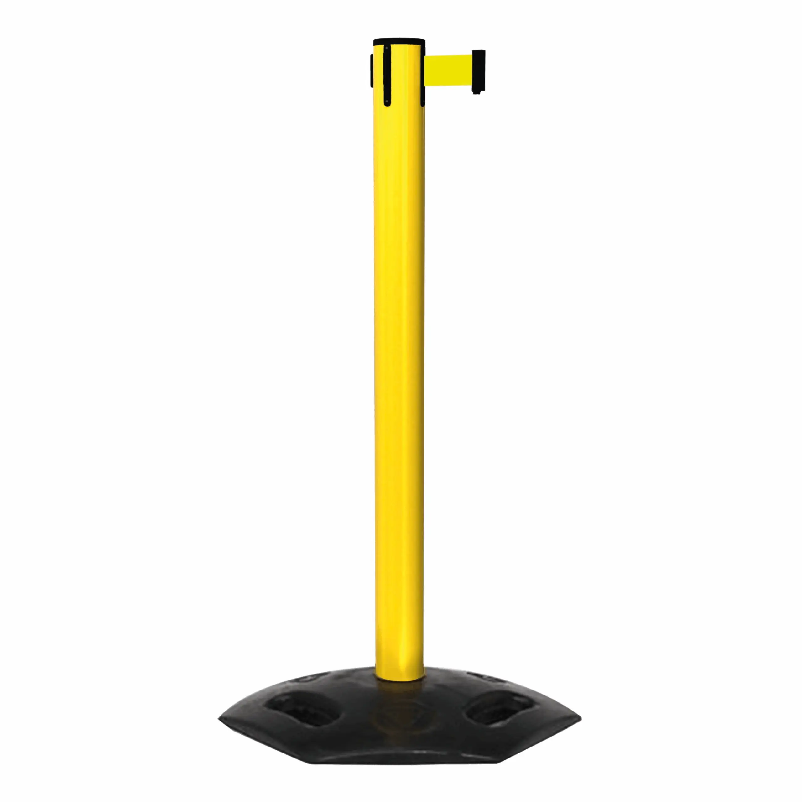 WeatherMaster 300 in Yellow Free Standing Yellow WeatherMaster 300 Retractable Barrier Post with Yellow Tape, Retracting Barrier Post, Retractable Stanchion, Metal Retractable Barrier, Commercial Retractable, Safety Belt Barriers