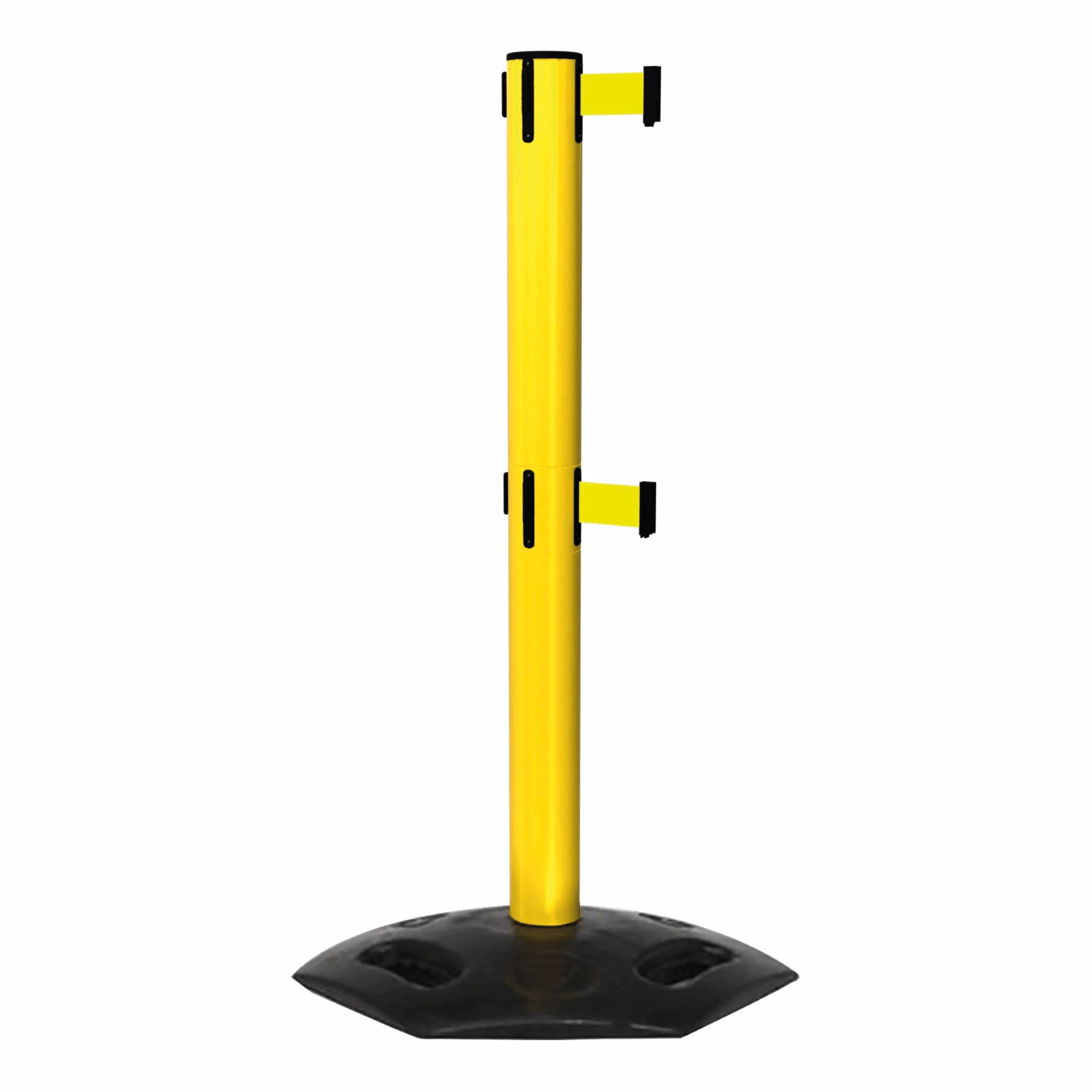 WeatherMaster 300 in Yellow Free Standing Yellow WeatherMaster 300 Twin Retractable Barrier Post with Yellow Tape, Retracting Barrier Post, Retractable Stanchion, Metal Retractable Barrier, Commercial Retractable, Safety Belt Barriers