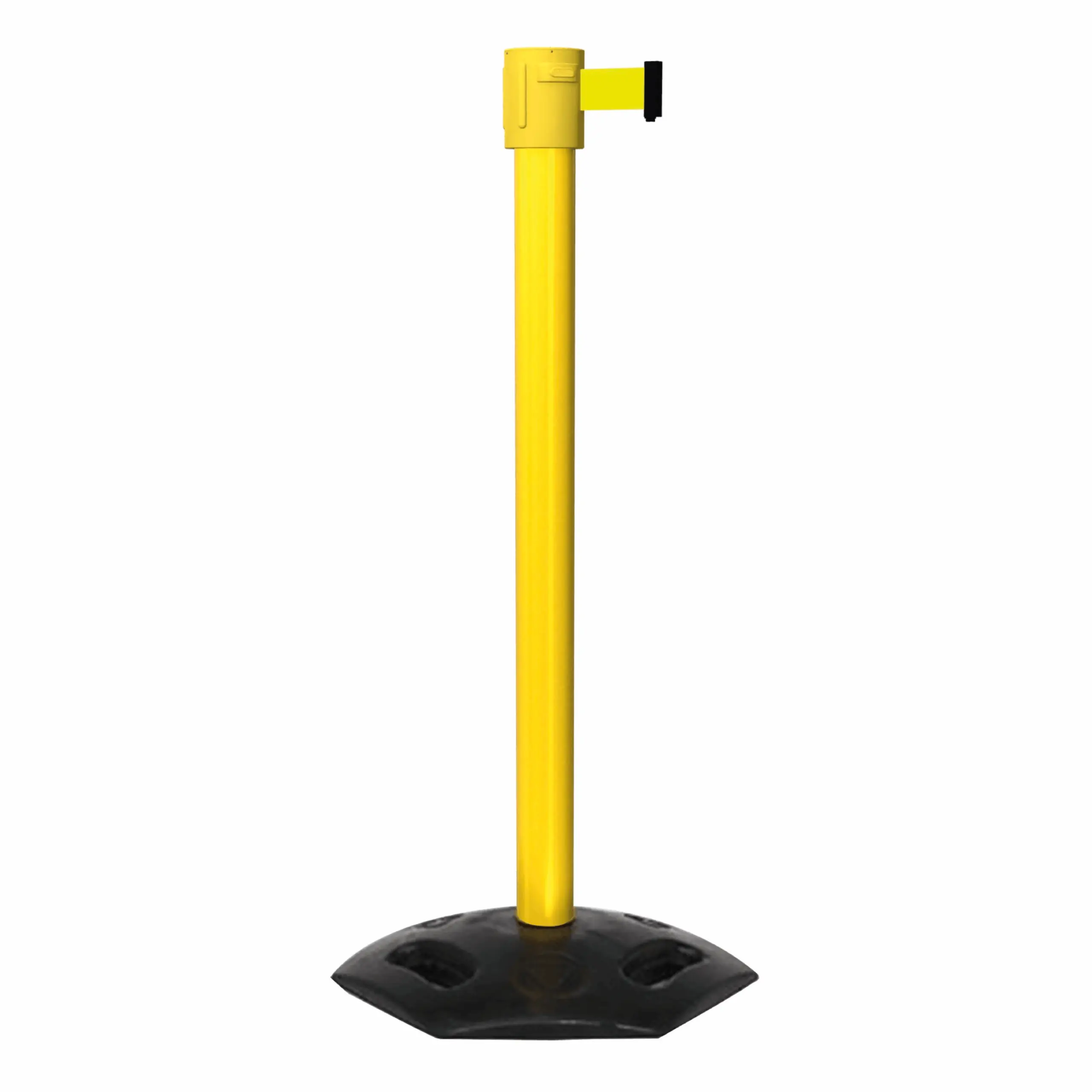 WeatherMaster 335 in Yellow Free Standing Yellow WeatherMaster 335 Retractable Barrier Post with Yellow Tape, Retracting Barrier Post, Retractable Stanchion, Metal Retractable Barrier, Commercial Retractable, Safety Belt Barriers