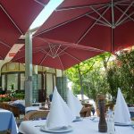 Amalfi Quadrat Caravita Commercial Giant Umbrellas in Red - Underneath View