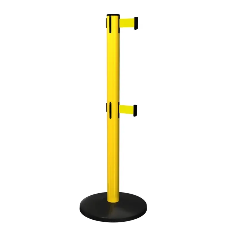 SafetyMaster Twin Retractable Barrier Post in Yellow with Yellow Tape SafetyMaster Twin Retractable Barrier Post in Yellow with Yellow Tape, Retracting Barrier Post, Retractable Stanchion, Metal Retractable Barrier, Commercial Retractable