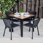 Darwin Black Metal and Wood Effect Outdoor Furniture Square Table & 4 Armchairs