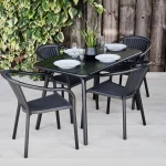 Darwin Black Metal and Wood Effect Outdoor Furniture Armchairs with Hamsterley Black Metal Table