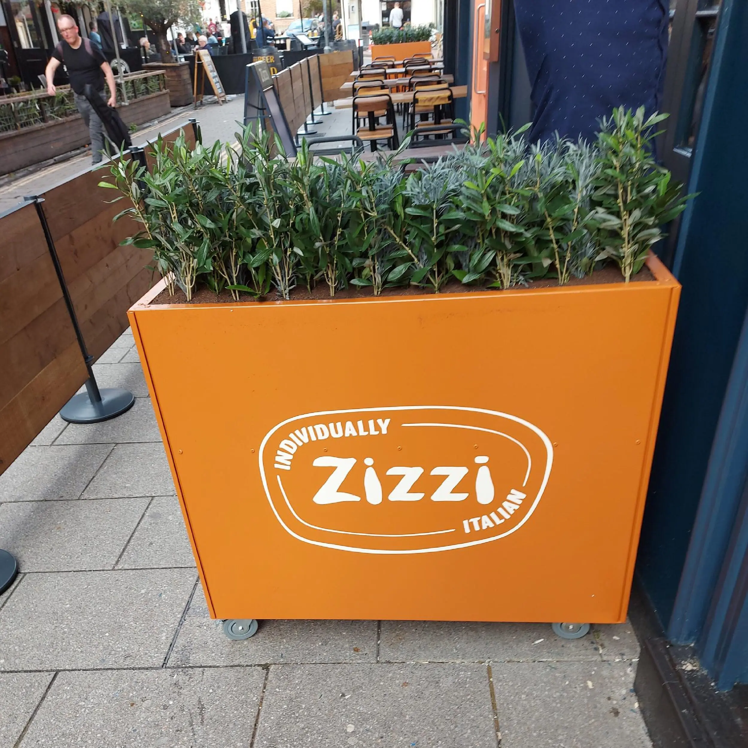 Zizzi Brighton - Forjado Powder Coated Café Planter Zizzi Forjado Powder Coated Café Planter with Faux Plants, Commercial Planters, Commercial Cafe Planter, Handmade Cafe Planter, Wooden Planters, Bespoke Cafe Planters, Custom Made Planters, Wood Planter, Outdoor Planters