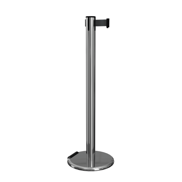 Polished Stainless Steel RollerPro 251 Retractable Barrier Post with Black Tape Polished Stainless Steel RollerPro 251 Retractable Barrier Post with Black Tape, Retracting Barrier Post, Retractable Stanchion, Metal Retractable Barrier, Commercial Retractable