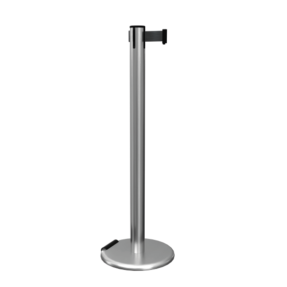 Satin Stainless Steel RollerPro 251 Retractable Barrier Post with Black Tape Satin Stainless Steel RollerPro 251 Retractable Barrier Post with Black Tape, Retracting Barrier Post, Retractable Stanchion, Metal Retractable Barrier, Commercial Retractable