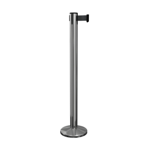 Polished Stainless Steel QueuePro 251 Retractable Barrier Post with a Magnetic Base and Black Tape