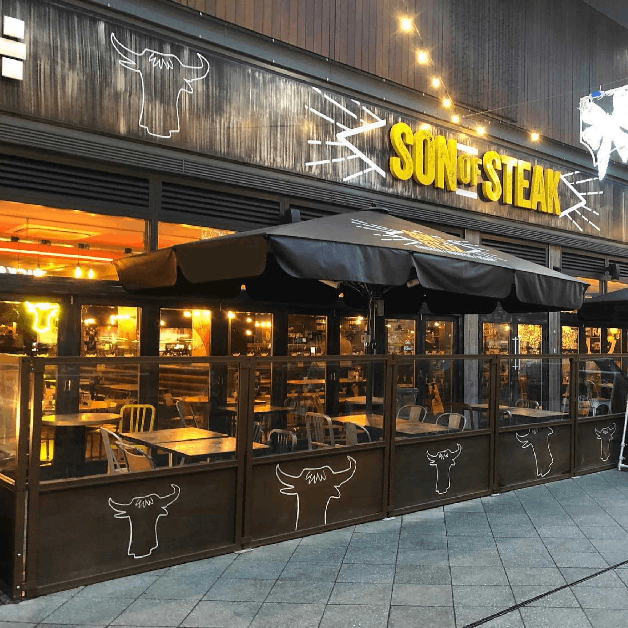 Marin Terrace Screen - Son of Steak Marin Terrace Screen for Bow Lane, Heineken, Fixed Terrace Screens, Outdoor Screens, Powder Coated Screens, Restaurant Terrace Screens, Cafe Screens, Balustrades, Hospitality Terrace Screens, Windbreaks