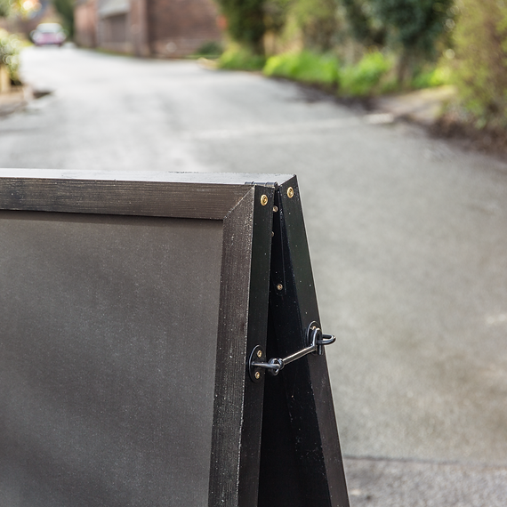 Tall Chalkboard A-Frame in Black - Close Up of Fastening and Frame Tall Chalkboard A-Frame in Black - Close Up of Fastening and Frame, Commercial Use, Chalkboard A-Frames, Wooden Chalkboard