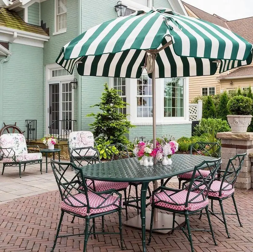 Green & White Stripe Mirasol Giant Umbrella Mirasol Giant Umbrella, Santa Barbara in Green & White Striped Fabric, Commercial Umbrellas, Commercial Giant Umbrellas, Restaurant Parasols, Hospitality Giant Umbrella, Pub Parasol