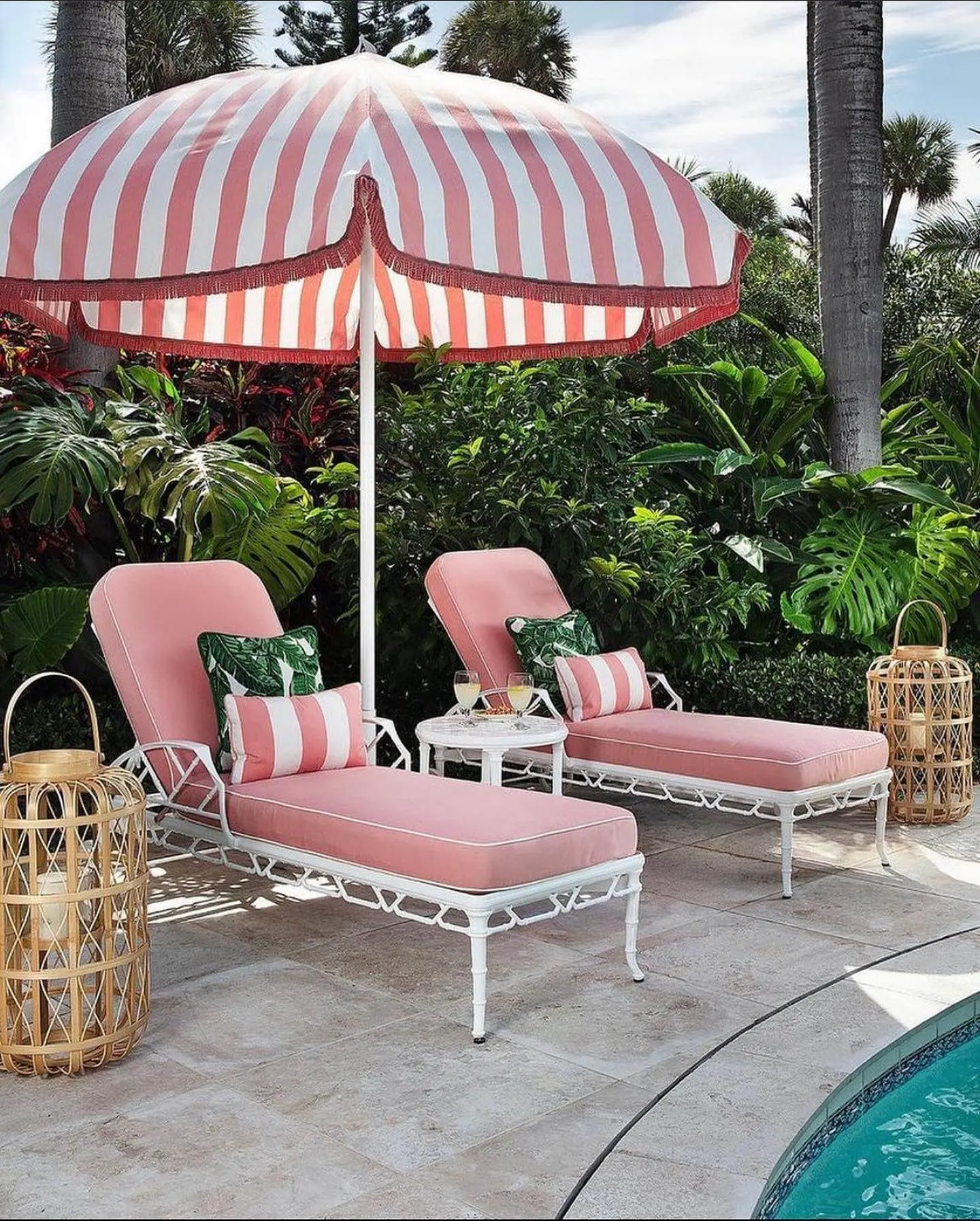 Mirasol Pink & White Stripe Giant Umbrella Santa Barbara Pink Mirasol Giant Umbrella in Pool Setting with Fringe Optional Extra, Commercial Umbrellas, Commercial Giant Umbrellas, Restaurant Parasols, Hospitality Giant Umbrella, Pub Parasol