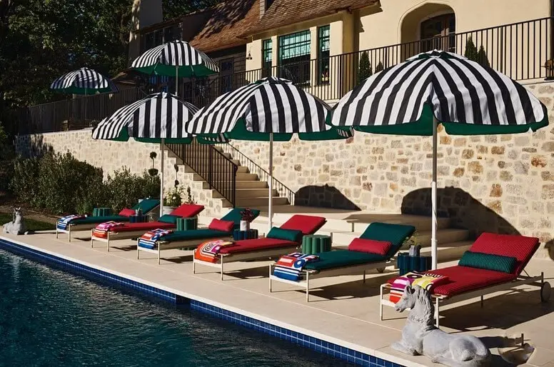 Mirasol Black & White Stripe Giant Umbrella Santa Barbara Mirasol Giant Umbrellas in Black & White - Installation around Pool Setting, Commercial Umbrellas, Commercial Giant Umbrellas, Restaurant Parasols, Hospitality Giant Umbrella, Pub Parasol, Dome Shaped Giant Umbrella