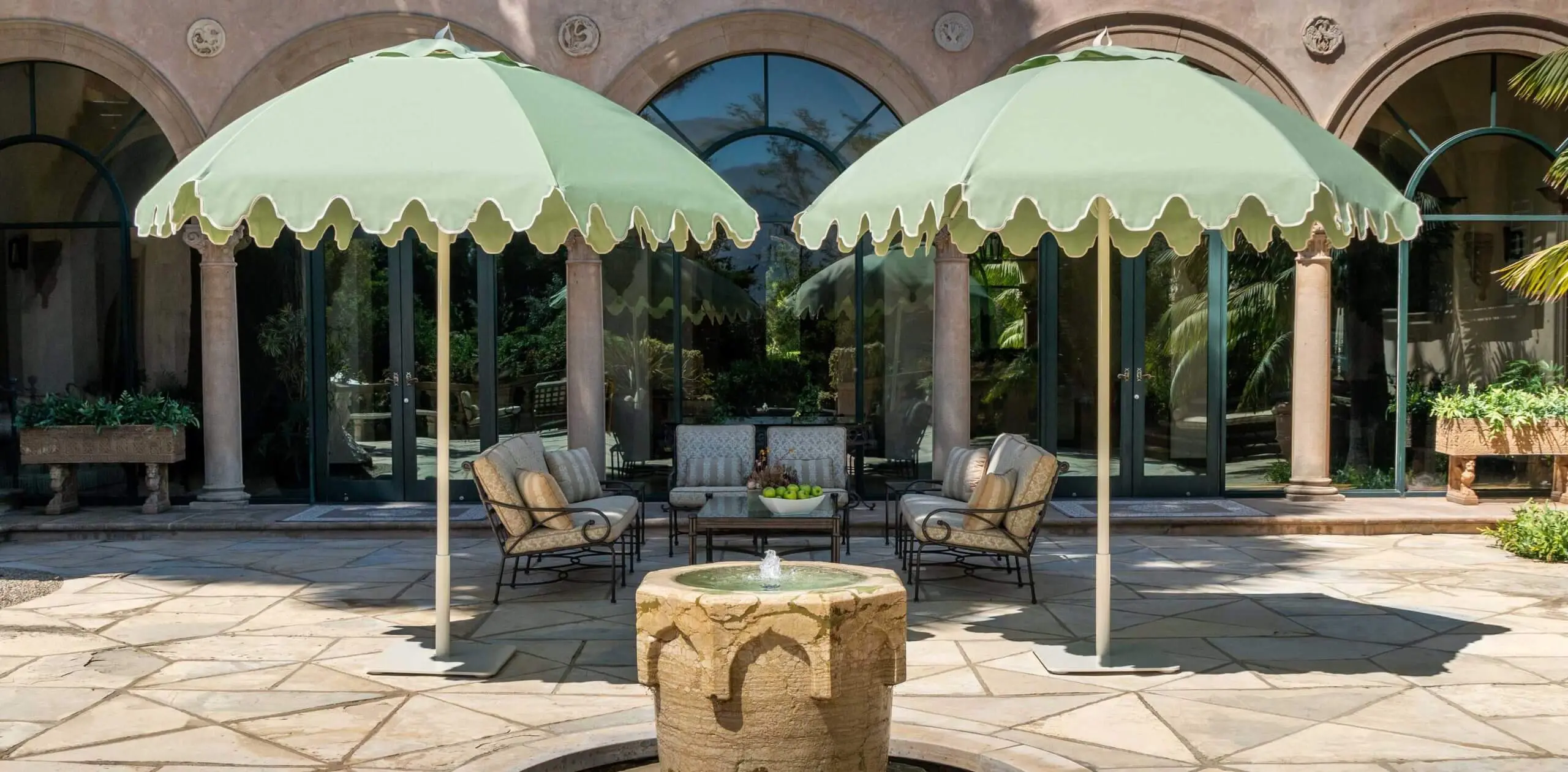 Green Mirasol with Marquis Fringe Giant Umbrella Santa Barbara Green Mirasol Giant Umbrella in Pool Setting with Marquis Fringe Optional Extra, Commercial Umbrellas, Commercial Giant Umbrellas, Restaurant Parasols, Hospitality Giant Umbrella, Pub Parasol