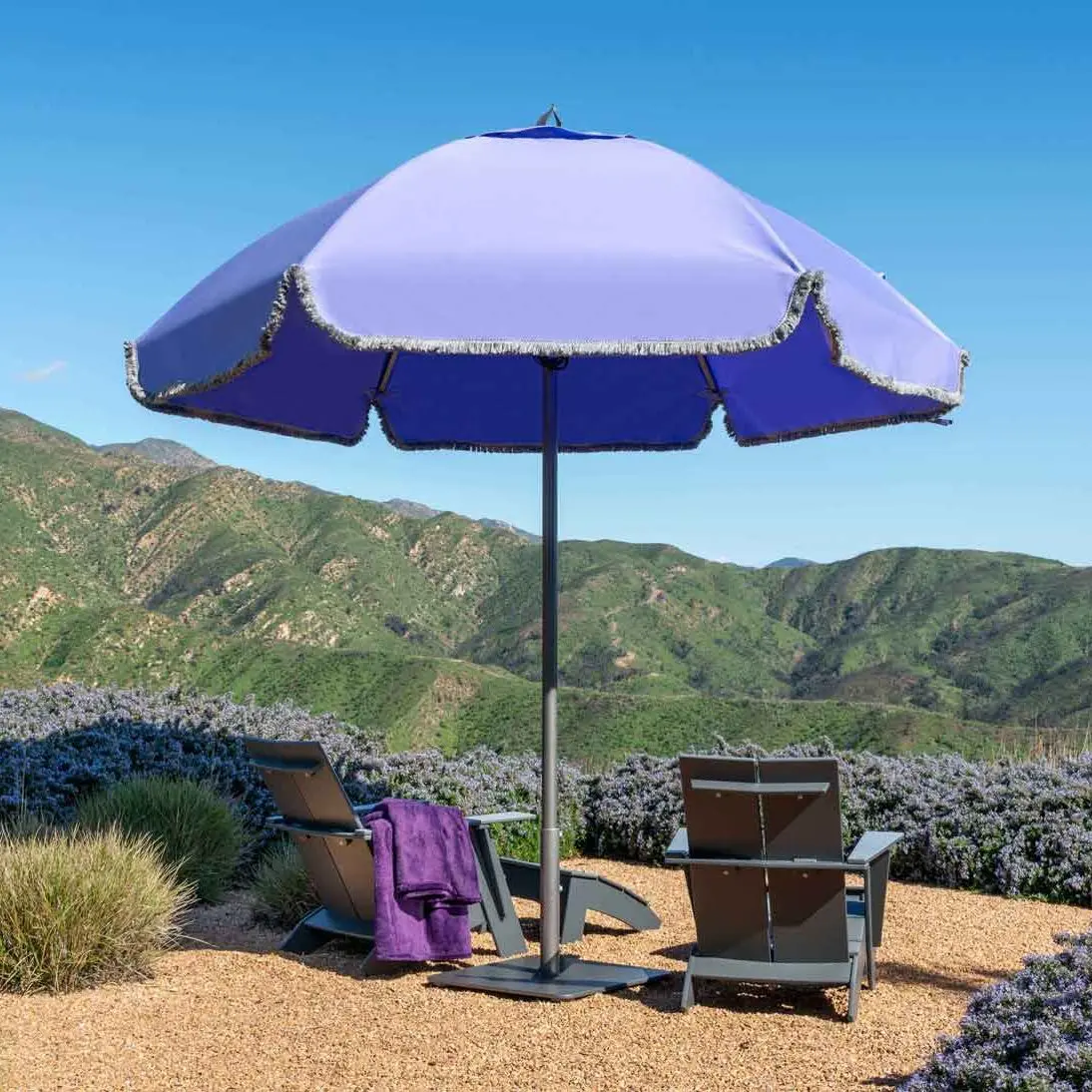 Blue Mirasol Giant Umbrella Santa Barbara Blue Mirasol Giant Umbrella in Pool Setting with Fringe Valance as an Optional Extra, Commercial Umbrellas, Commercial Giant Umbrellas, Restaurant Parasols, Hospitality Giant Umbrella, Pub Parasol