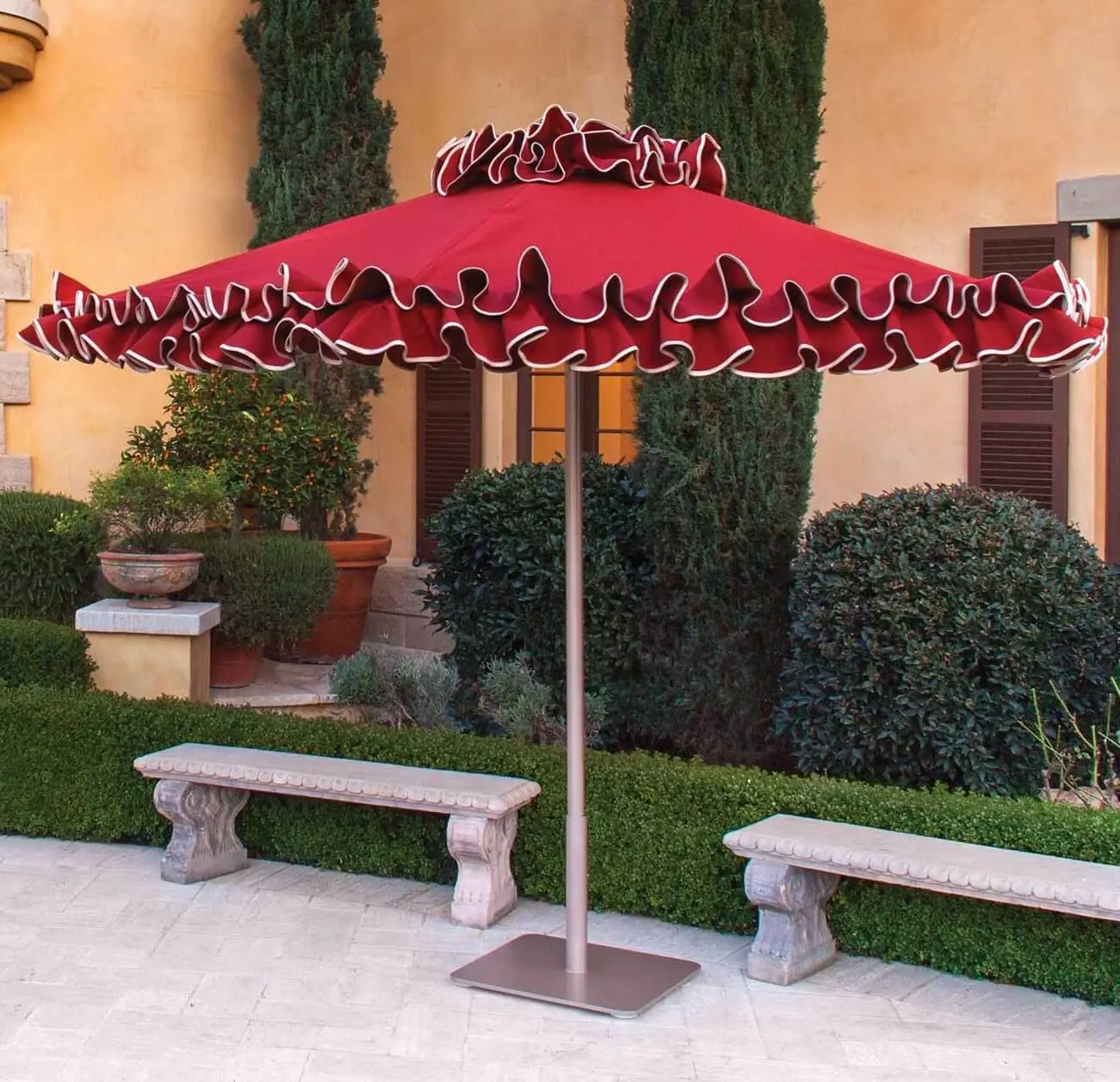 Red Petite Flamenco Giant Umbrella Petite Flamenco Giant Umbrella in Red Fabric with White Frilled Valance - Santa Barbara, Commercial Umbrellas, Commercial Giant Umbrellas, Restaurant Parasols, Hospitality Giant Umbrella, Pub Parasol