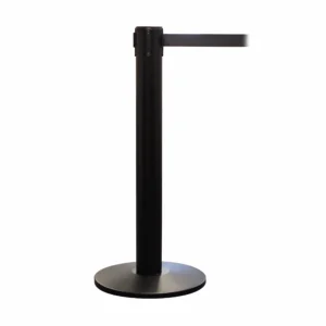 Free Standing Black QueuePro 400 Retractable Barrier Post with Black Tape, Retracting Barrier Post, Retractable Stanchion, Metal Retractable Barrier, Commercial Retractable