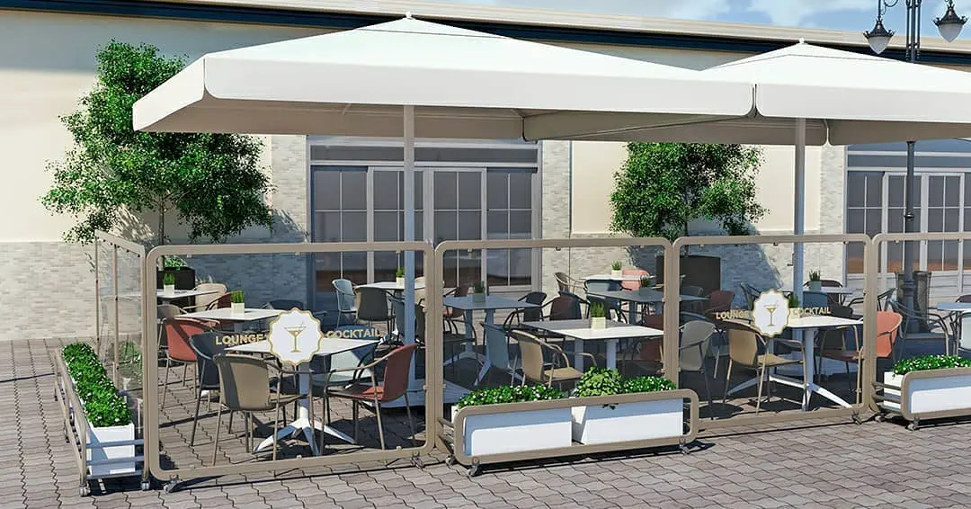Siena Maxi Industrial Café Planter in Taupe with Methacrylate Screens and Planter Boxes in White Outside Restaurant Under Parasols Siena Maxi Industrial Café Planter in Taupe with Methacrylate Screens and Planter Boxes in White Outside Restaurant Under Parasols, Cafe Planters, Restaurant Planters, Industrial Cafe Planters, Cafe Screens, Outdoor Cafe Planters, Bespoke Planters, Planters with Screens, Commercial Planters, Commercial Cafe Planters, Hospitality Cafe Planters