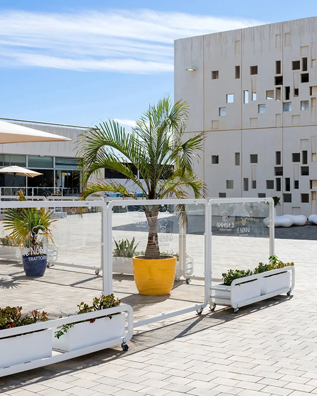 Siena Maxi Industrial Café Planter in White with Methacrylate Screens and Planter Boxes in White Outside with Logo Siena Maxi Industrial Café Planter in White with Methacrylate Screens and Planter Boxes in White Outside with Logo, Cafe Planters, Restaurant Planters, Industrial Cafe Planters, Cafe Screens, Outdoor Cafe Planters, Bespoke Planters, Planters with Screens, Commercial Planters, Commercial Cafe Planters, Hospitality Cafe Planters