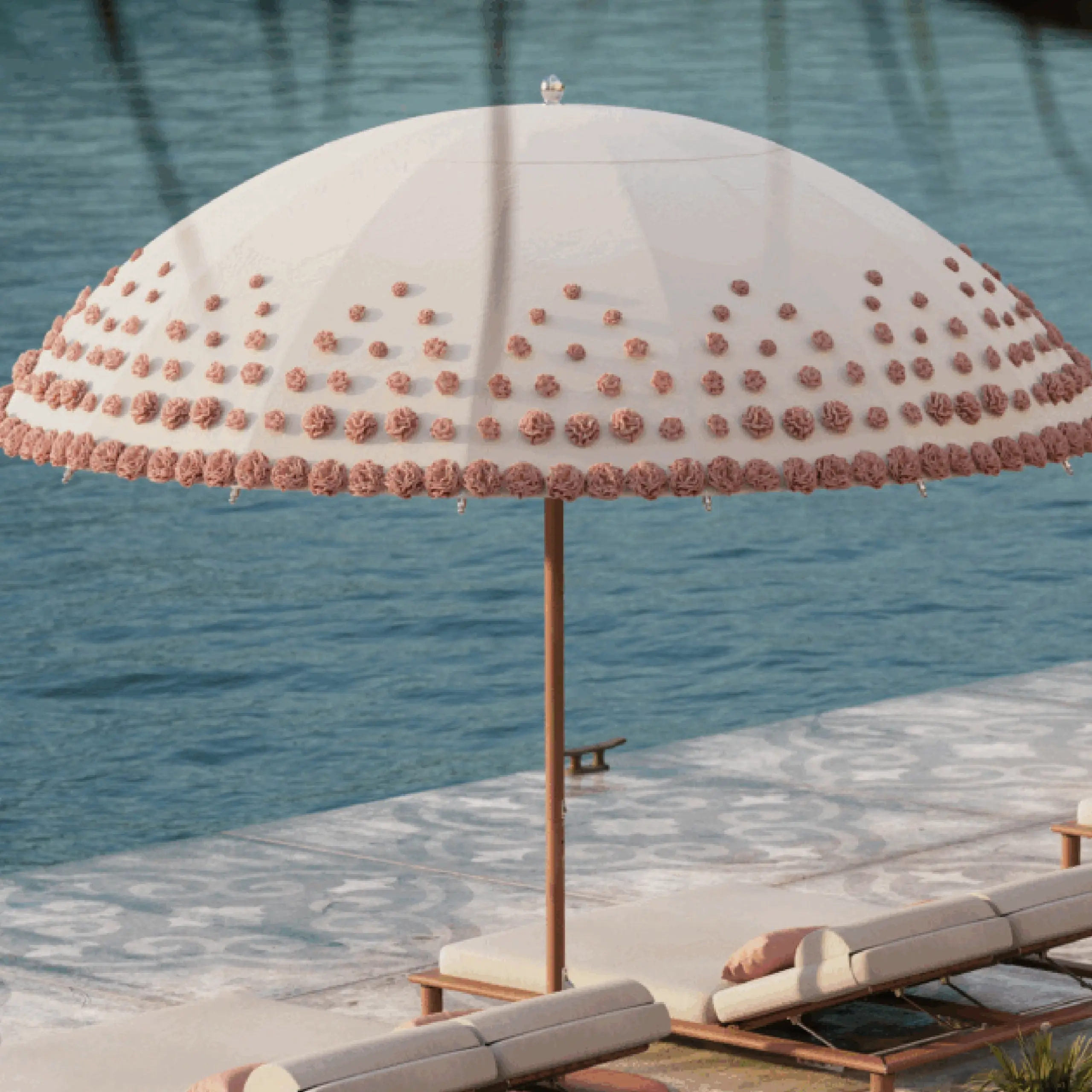 Tuuci OceanMaster M1 Bolero Giant Umbrellas in White with Pink Flowers Tuuci OceanMaster M1 Bolero Giant Umbrellas in White with Pink Flowers in a Pool Setting, Giant Umbrellas, Commercial Giant Umbrellas, Hospitality Giant Umbrellas, Parasols, Restaurant Umbrellas, Outdoor Umbrellas, Fabric Umbrellas, Giant Umbrellas with Logos, Tuuci Umbrellas, Tuuci Giant Umbrellas
