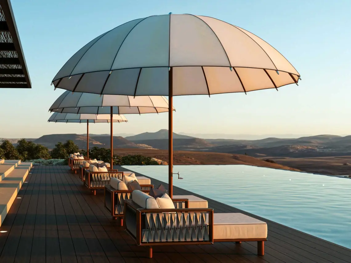 Tuuci OceanMaster M1 Bolero Giant Umbrellas in White with Contrasting Binding in Black in a Pool Setting Tuuci OceanMaster M1 Bolero Giant Umbrellas in White with Contrasting Binding in Black in a Pool Setting, Giant Umbrellas, Commercial Giant Umbrellas, Hospitality Giant Umbrellas, Parasols, Restaurant Umbrellas, Outdoor Umbrellas, Fabric Umbrellas, Giant Umbrellas with Logos, Tuuci Umbrellas, Tuuci Giant Umbrellas