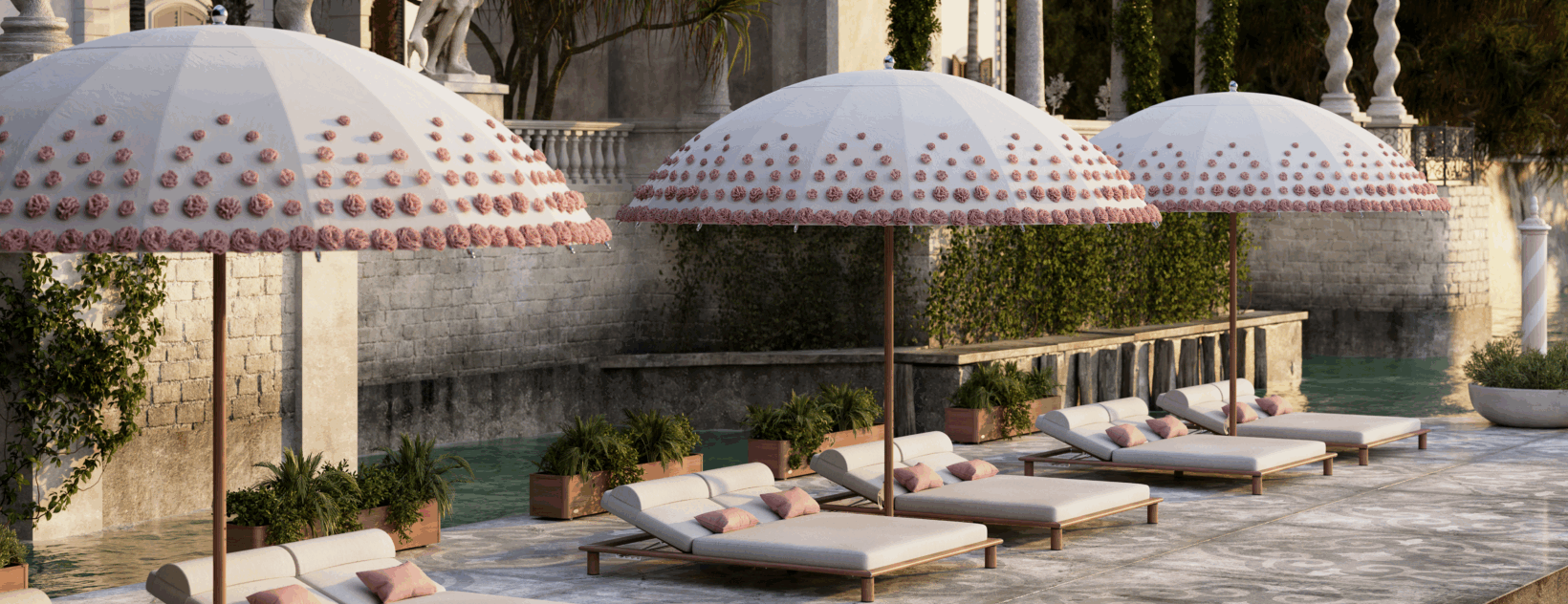 Tuuci OceanMaster M1 Bolero Giant Umbrellas in White with Pink Ombre Blossom Tuuci OceanMaster M1 Bolero Giant Umbrellas in White with Pink Ombre Blossom with Sun Loungers Underneath, Giant Umbrellas, Commercial Giant Umbrellas, Hospitality Giant Umbrellas, Parasols, Restaurant Umbrellas, Outdoor Umbrellas, Fabric Umbrellas, Giant Umbrellas with Logos, Tuuci Umbrellas, Tuuci Giant Umbrellas