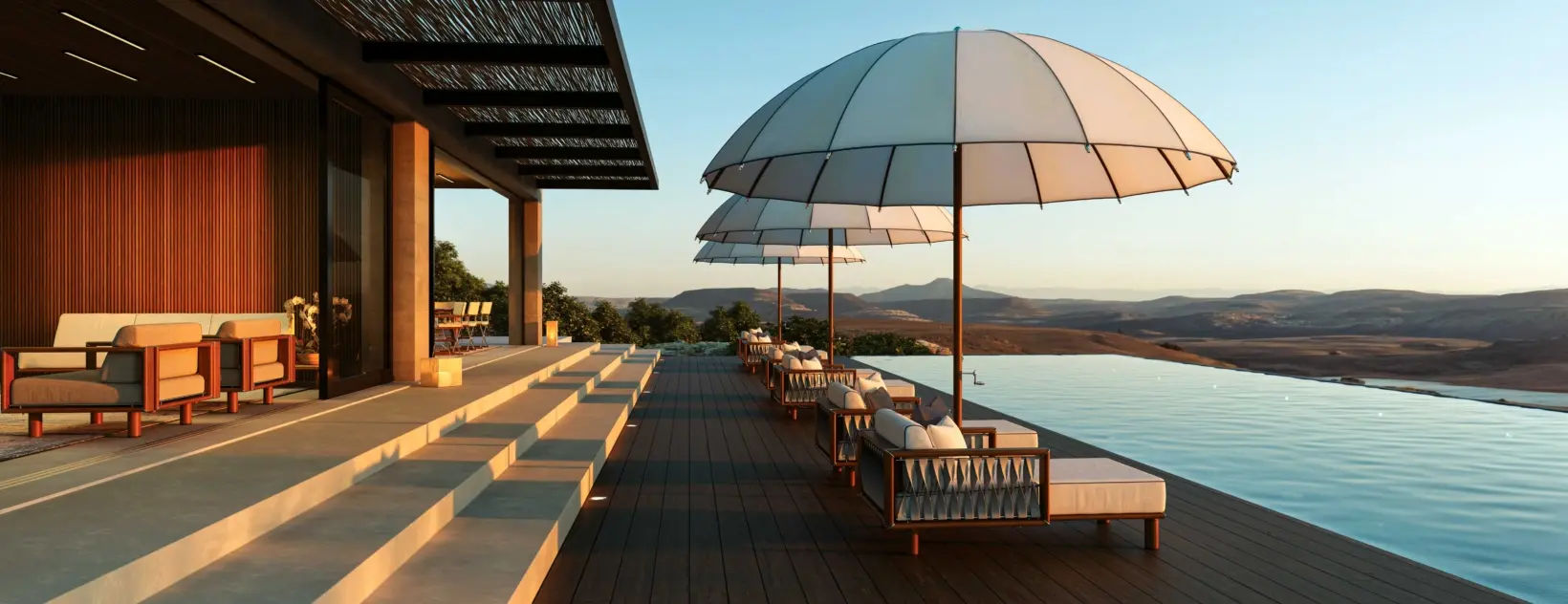 Tuuci OceanMaster M1 Bolero Giant Umbrellas in White with Contrasting Binding Tuuci OceanMaster M1 Bolero Giant Umbrellas in White with Contrasting Binding in a Pool Setting, Giant Umbrellas, Commercial Giant Umbrellas, Hospitality Giant Umbrellas, Parasols, Restaurant Umbrellas, Outdoor Umbrellas, Fabric Umbrellas, Giant Umbrellas with Logos, Tuuci Umbrellas, Tuuci Giant Umbrellas